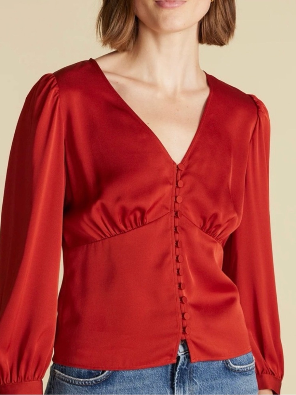 Boho Silk Amour Vert Crimson Red V-Neck Button-Up Blouse